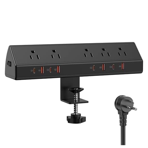 Desk Clamp Power Strip 65W Fast Charging Station,4 PD USB-C,5 Outlets,Nightstand Desk Edge Mount Tower Surge Protector,15 Amp Heavy Duty Power Strip,Fits 1.96" Tabletop Edge (Black, 6 FT Cable)