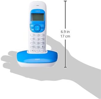 A VTech cordless phone handset in its blue charging cradle, with a ruler indicating a height of 6.9 inches (17 cm).