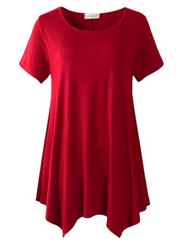 LARACE Short Sleeve Shirts for Womens Plus Size Tops Casual Summer Clothes Asymmetrical Tunic Blouses(Red L)