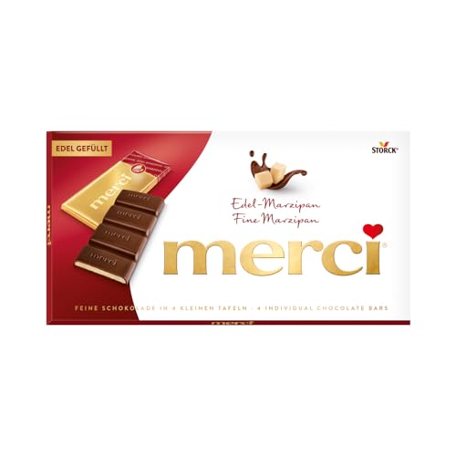 merci Tafelschokolade Edel-Marzipan – 1 x 112 g – Feinste Täfelchen aus Edel-Zartbitterschokolade mit 38% Marzipan Füllung – Schokolade in Goldpapier verpackt