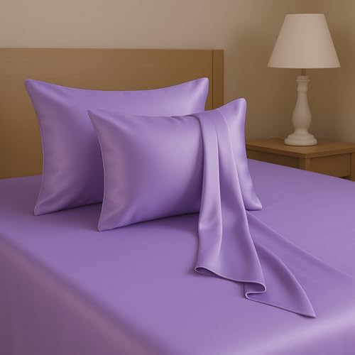 Image of Satin Pillow Covers for Hair and Skin Set of 2 with 5 Scrunchies I Satin Pillow case I Silk Pillow Cover I Silk Pillow case I Women Gift Items (Lavender)