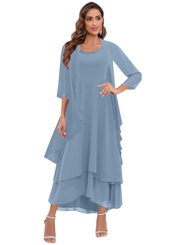 BANTRATIC 2 Pieces Mother of The Bride Dresses for Wedding Chiffon Tiered 3/4 Sleeve Ankle Length A-Line Formal Party Gown