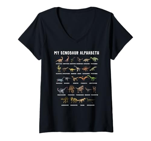 Mujer Types Of Dinosaurs Alphabet A-Z ABC Dino Identification Camiseta Cuello V