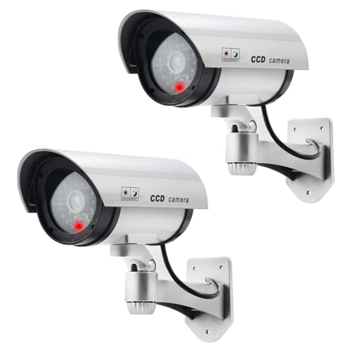 ERWEY Cámara Falsa Cámara de vigilancia Falsa CCTV con luz LED Parpadeante Cámara de Seguridad   2 Unidades Plata
