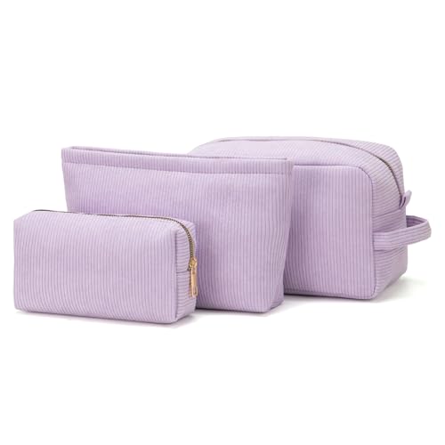 3 Pieces Makeup Bag Cosmetic Bags for Women Corduroy Travel Toiletry Make Up Brush Storage Bag Pounch Organizer Travel Essenitial for Women (Lavender) Lavender Corduroy Makeup Bag