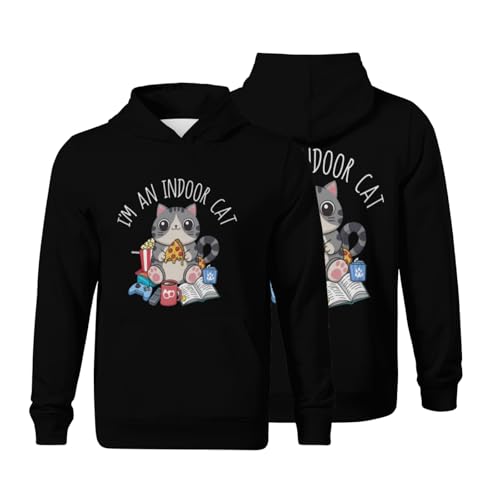 Kids Funny Indoor Gaming Cat Pizza Lover Retro Boys Girls Lightweight Kangaroo Pocket Fleece Hoodies