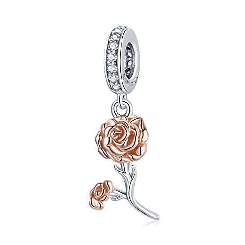 Rosas Charms 925 Plata de Ley Oro Rosa Flores Colgante para Pandora Pulsera Collar Joyas Regalos para Mujeres, Esmaltado, Esmaltado