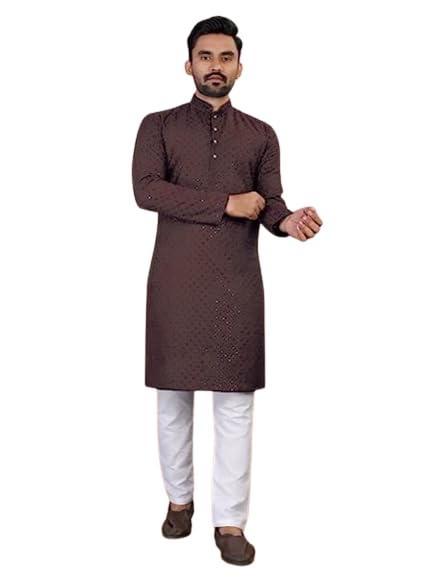 Image of Mens Ethnic Ware Embroidery Cotton Blend Work Kurta Pajama Set