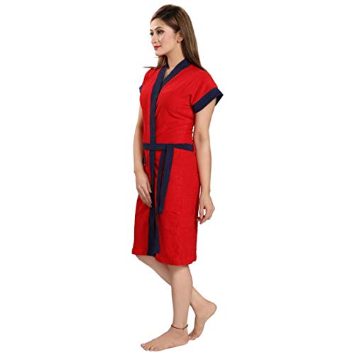 Image of bathrobes terry cotton free size bathrobe for women, bathsuit fit up to 42 inches chest size ladies - Navy Strips Red bathrobe