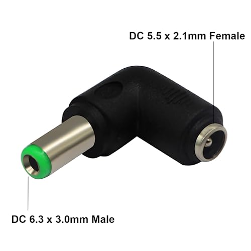 Conector DC 6.3mm ángulo 90° macho a hembra 5.5x2.1mm miniatura 3
