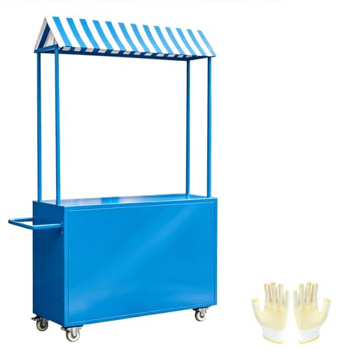 Carrito de Vendedor Ambulante, Puesto de Comida Móvil con Ruedas, Capacidad 200kg para Mercado Nocturno, Toldo Estampado Rayas(Blue)