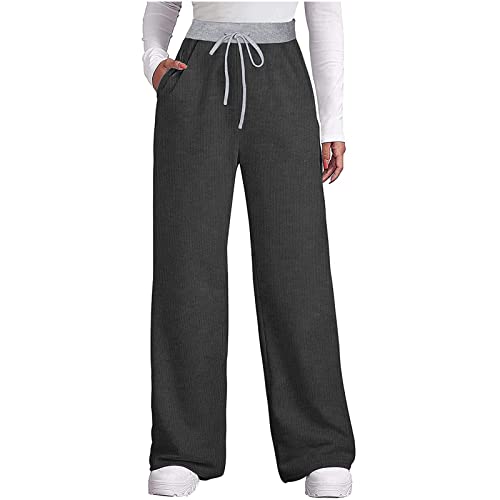 Hatop Women's Straight-Leg Pants with Pockets Winter Wide Leg Sweatpants Elastic High Waist Drawstring Pants Dark Gray