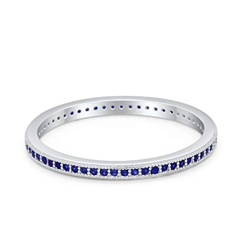 Simulated Blue Sapphire Cubic Zirconia Size-9 Full Eternity Stackable Band Ring Round Simulated Cubic Zirconia 925 Sterling Silver