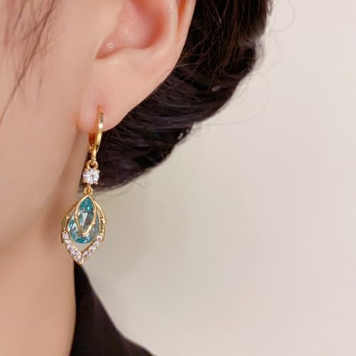 Emerald Earrings，Gold Huggie Earrings，Gold Hoop Drop Feather Leaf Earrings for Women ，Zirconia Dangle Earrings Jewelry Gifts for Women4