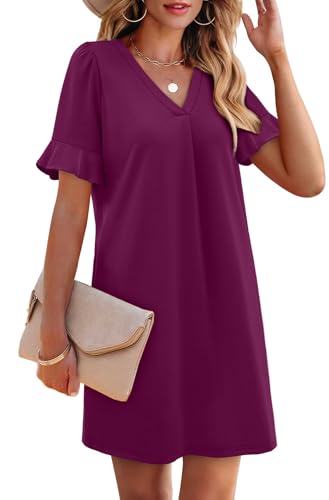 Image of OFEEFAN Summer Dresses for Women Ruffle Short Sleeve V Neck Casual Shift Dress with Pockets