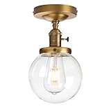 Pathson Industrial Brass Semi-Flush Mount Ceiling Light, Vintage Style Pendant Lighting, Glass Shade Hanging Light Fixtures for Laundry Room Living Room Cafe Bar