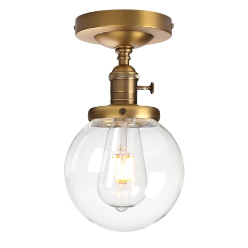 Pathson Industrial Brass Semi-Flush Mount Ceiling Light, Vintage Style Pendant Lighting, Glass Shade Hanging Light Fixtures for Laundry Room Living Room Cafe Bar