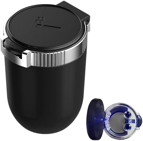 Windshoon Car Ashtray with Lid, Portable Ashtray for Car, Detachable Stainless Steel Smokeless Ashtray with LED Blue Light, Windproof for car Travel, Mini Car Trash Can(Silver)