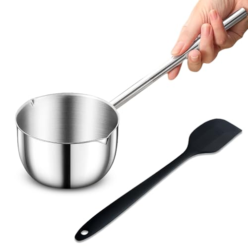 Bigwinyep Butter Warmer, 304 Stainless Steel Milk Warmer Pot Mini Sauce Pan 0.5 Quart, Melting Pot with Silicone Spatula for Chocolate,Candy,Coffee Tea Soup, 500ML, Silver