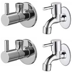 Spazio Stainless Steel Turbo Angle Valve With Bib Cock Combo Pack Foam Flow Water Taps With Wall Flange (Pack of 2) (Chrome Plated, Brass Disc)