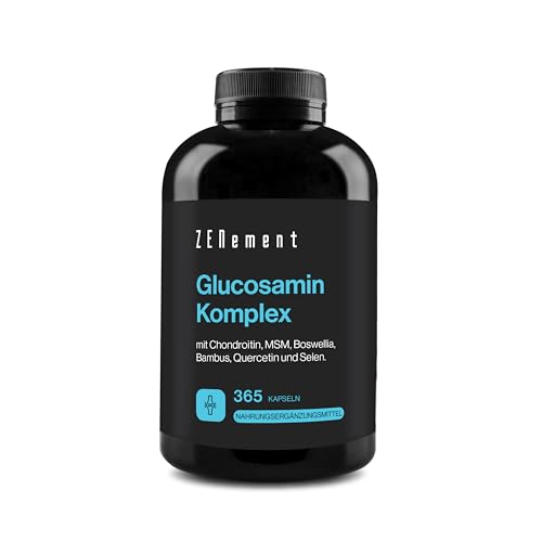Glucosamin-Komplex mit Chondroitin, MSM, Boswellia, Bambus, Quercetin und Selen - 365 Kapseln, 6 Monate Vorrat, Kapsel-Form - Ohne Zusatzstoffe, Ohne Gentechnik - Zenement