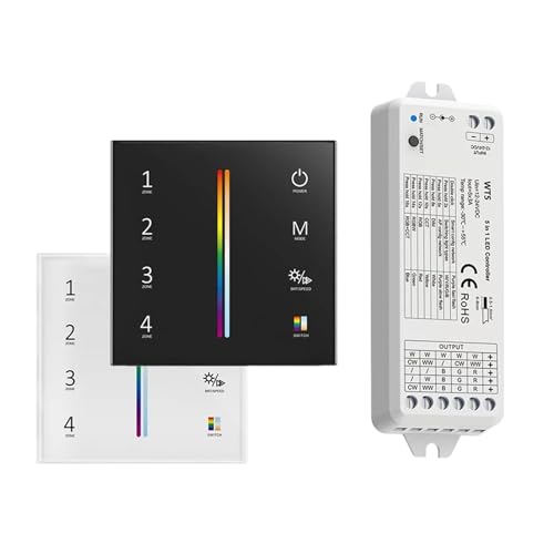 RGBCCT LED Light Strip Controller Kit DC 12V 24V Dimmer 2.4G 4 Zones Wall Mount Touch Panel Remote Control(4xWT5 and T25W KIT)