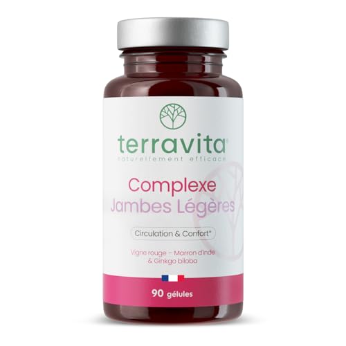 Complexe Jambes Légères | 6 Actifs Hautement Dosés | Vigne Rouge - Marronnier d’Inde - Ginkgo Biloba - Ortie | Circulation Sanguine - Drainage Lymphatique | 90 Gélules | Made in France | Terravita