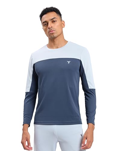 Image of TECHNOSPORT Men Colorblock Slim Fit Round Neck T-Shirt with TECHNOCOOL+ (Light Blue) Gym Tee Dry Fit T Shirt for Men Sports Top for Him