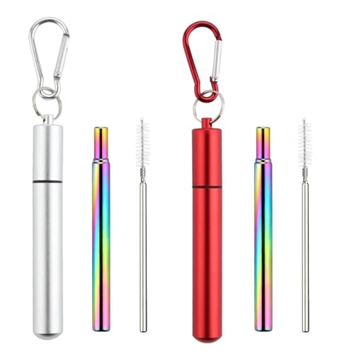 Foweroty 2 Packs Collapsible Stainless Steel Drinking Straws, Reusable Straws, Travel Retractable Straws with Aluminum Case, Cleaning Brush, and Keychains(Silver&Red), stretchable