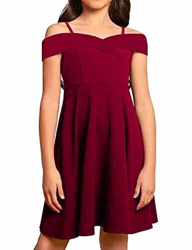 Girls Elegant Princess Cold Shoulder Fold Pleated High Waist Flared A Line Party Dresses,8-14 Years2