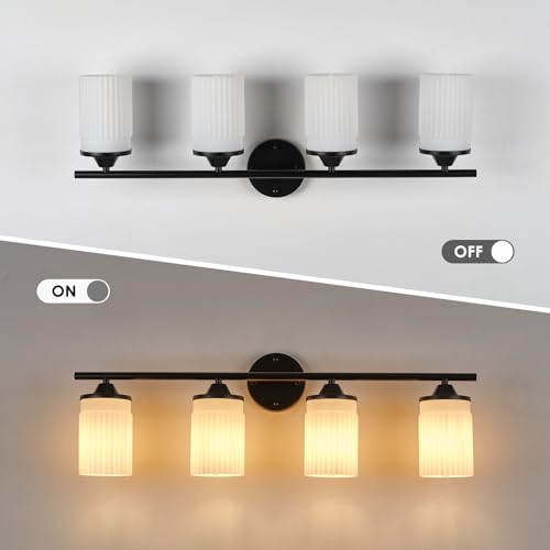 Image of Jonsi Black Bathroom Light Fixtures 4-Light Vanity Lights Modern Wall Sconce with Milk White Shade Brushed Brass Bathroom Light Fixture Over Mirror for Bedroom Hallway Kitchen