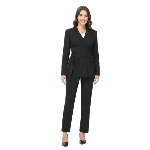 Lamgool Women Double Breasted Suit with Belt Business Casual 2 Pcs Blazer Jacket with Pants Set3