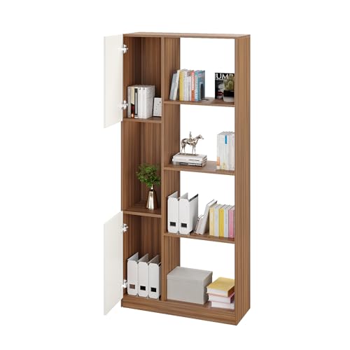 Image of FURNEASER Bookaura Wooden Bookshelf with Doors, Multipurpose Bookcase Storage Organizer for Living Room Modern Wooden Book Shelf Cabinet, Display Rack for Books & Decor (Exotic Teak & White)