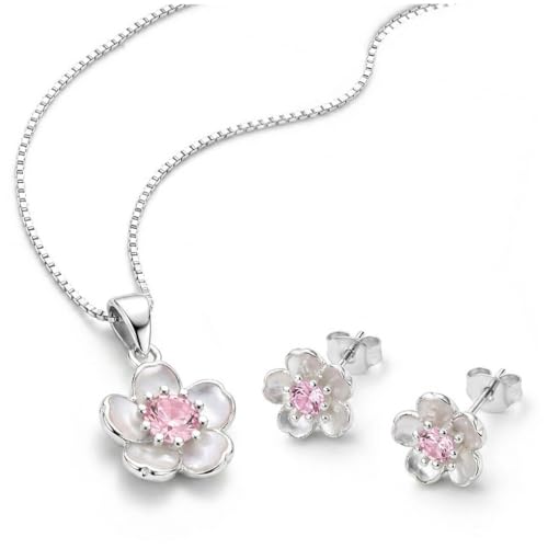 PANDA LUXURY JEWELLERY Schmuckset Damen 925 Sterling Silber Blumen Halskette und Ohrstecker Set Ohrringe mit Rosa Zirkonia, Kette Floral Schmuck Geschenke für Mädchen, Frauen, Tochter