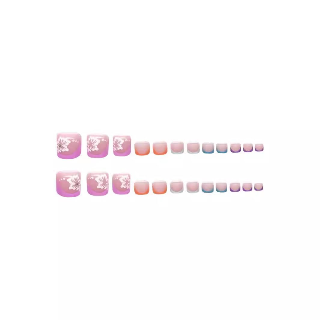 Flower Press on Nails and Toes Matching Set Square Fake Nails 3D Butterfly Design Stick on Nails French Tip False Toenails Summer Acrylic Glue on Toenails for Women Nail Art Decoration 48Pcs image 4