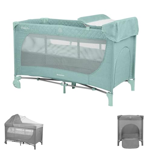 Kikkaboo Reisebett Medley Plus 2 Ebenen Matratze Moskitonetz Wickelauflage Räder, Farben:grün