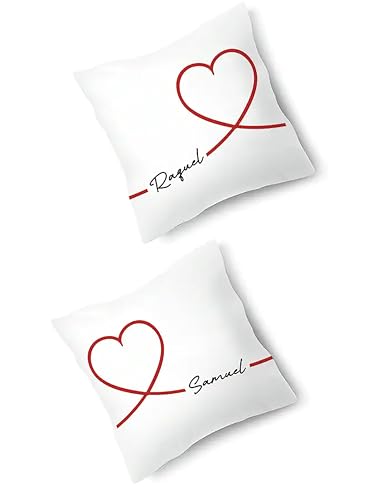 Genérico Pack 2 Cojines Personalizados con Nombre para Parejas Relleno Incluido, Diseño de Corazón Rojo Conectado, Regalo Romántico para Parejas, San valentín (35 x 35 cm)