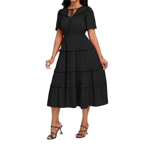 Image of Women's Short Sleeve Summer Boho Pleated Rayon Mid Dresses with Pockets for Wedding Guest