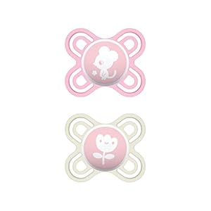 MAM Perfect Start Fopspeen, set van 2 stuks, speciaal voor pasgeboren baby’s, MAM-speen voorkomt scheefstand gebit, babyspeen in doosje, 0-2 maanden, muis/bloem, roze