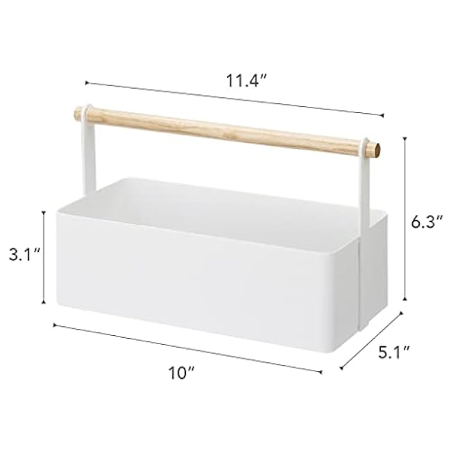 Yamazaki Home Storage Basket - Wood Handle Organizer Steel + Wood Large White