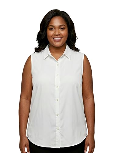 Image of Women Plus Size Sleeveless Button Down Shirt Polyester Formal Office Casual Wear Classic Fit Professional Shirt