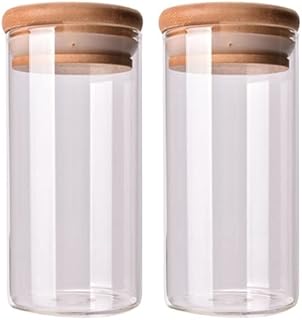 2 PCS Clear Glass Canister Food Storage Jar with Airtight Wood Lids Air Tight Storage Containers for Coffee Bean Loose Leaf Tea Containers Sugar Cookies Dry Fruit Nuts Candy Jars Size 350ML