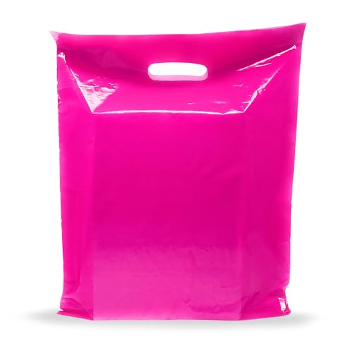 Pink Merchandise Plastic Shopping Bags - 100 Pack 9' x 12' with 2 mil Thick - Die Cut Handles - Great for Retail, Party Favors, Birthdays, Goodie Bags - Recyclable