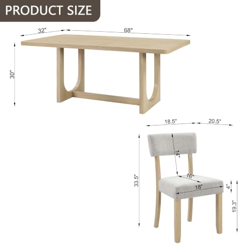 Image of KEIKI 7-Piece Standard Height Dining Table Set with Rectangular Table, 6 Upholstered Curved Backrset Chair, for 6 Person, Modern Style Table Set, Easy Assembly, for Kitchen, Dining Room, Light Oak