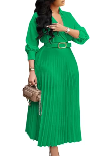 Image of Famnbro Womens Pleated Dress V Neck Long Sleeve A line Church Formal Works Business Dresses with Belt