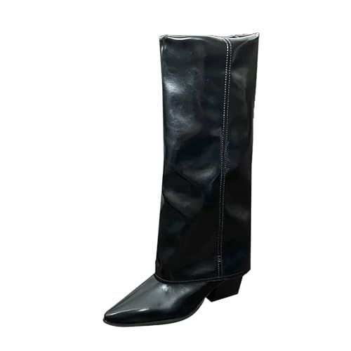 Bottes mi-mollet à bout pointu en cuir PU noir talon épais 6.5 cm pour femme