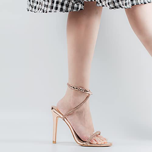 Lishan Clear High Heels For Women Sexy 4.5 Inches Rhinestone Studded Sparkly Glitter Heeled Sandals Stilettos High Heels Round Open Toe Elegant Strap Up Ankle Adjustable Buckle Evening Dress Sandals Rose Gold Size 12 #TOP5