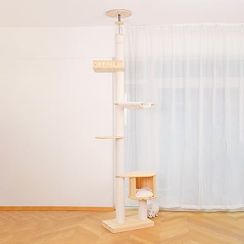 Large Cat Trees Floor-to-Ceiling Cats Climbing Trees with Sisal Scratching Post, 4 Tier Cat Climbing Tower with Wooden Springboard and Dome Cat Nest, Ceiling Height Up to 112 Inches