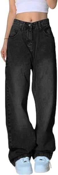EMMIOL Wide Leg Jeans Women's Baggy with Mid Rise Jeans Fashion Loose Trousers Black L