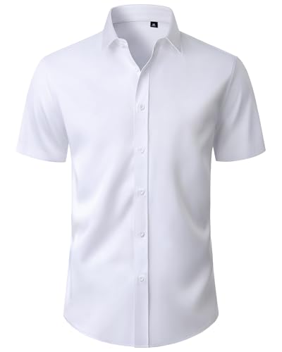 ROUWELL Mens Dress Shirts Short Sleeve Stretch Stain Shield Button Down Shirts Business Casual Formal Office Tops White Large